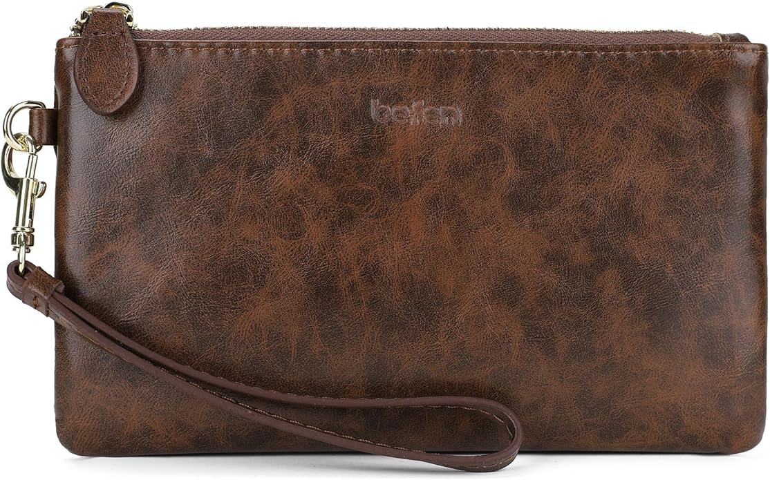 Brown leather befen Genuine Leather Wristlet Clutch RFID Blocking Bag