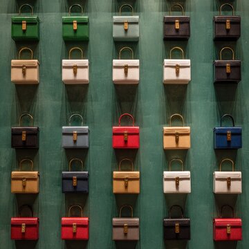 Grid of colorful handbags displayed on a wall
